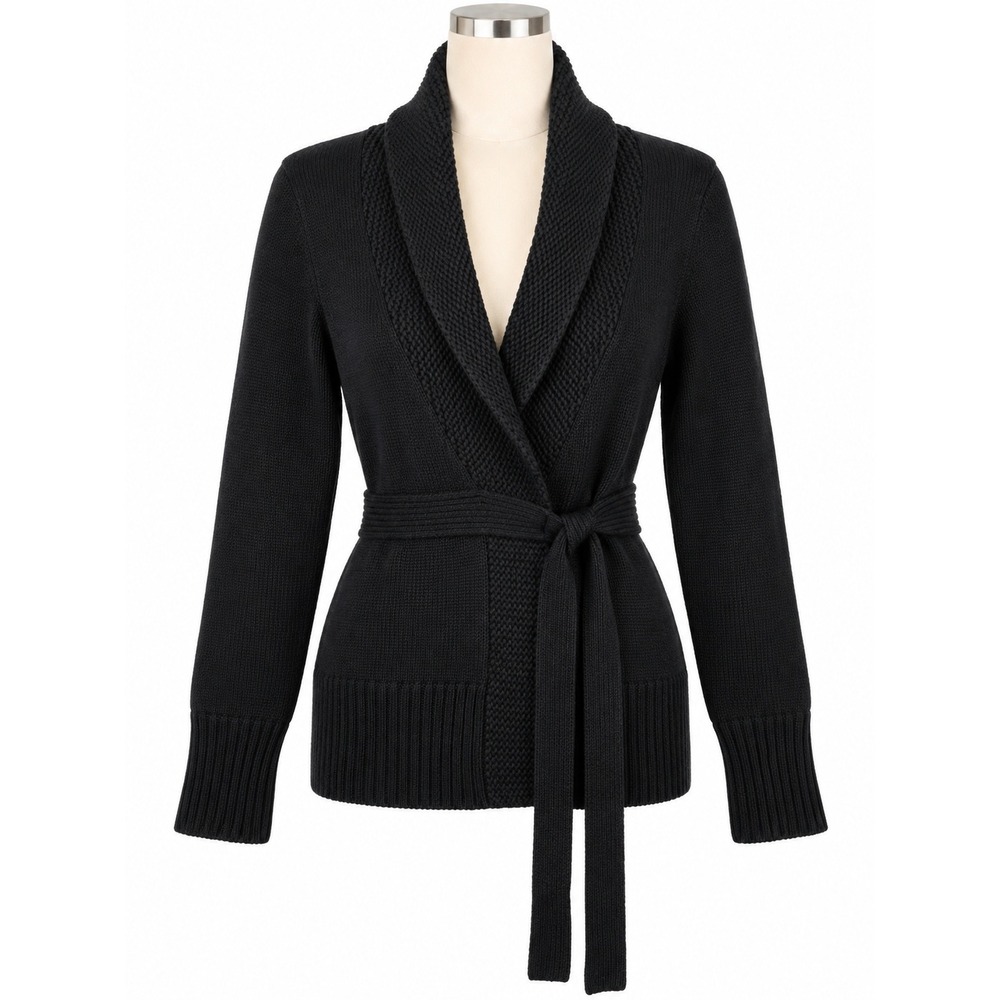 REPEAT Black 100% Merino Wool Wrap Cardigan Sweater Belted Size 38/9 US Medium